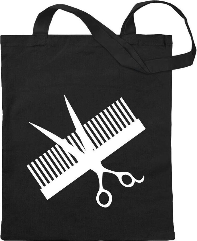 Kiwistar - Baumwolltasche - schwarz - Kamm & Schere - Tragetasche Stoffbeutel Umhängetasche langer Henkel
