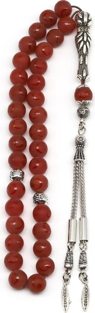 Chapelet Tesbih en agate rouge motif lune et étoile 33 perles de 8 mm