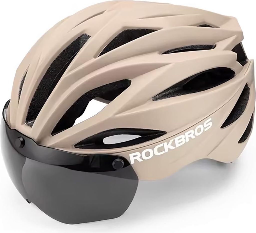 A beige bicycle helmet with a black visor and the brand name 'ROCKBROS' printed on the side.