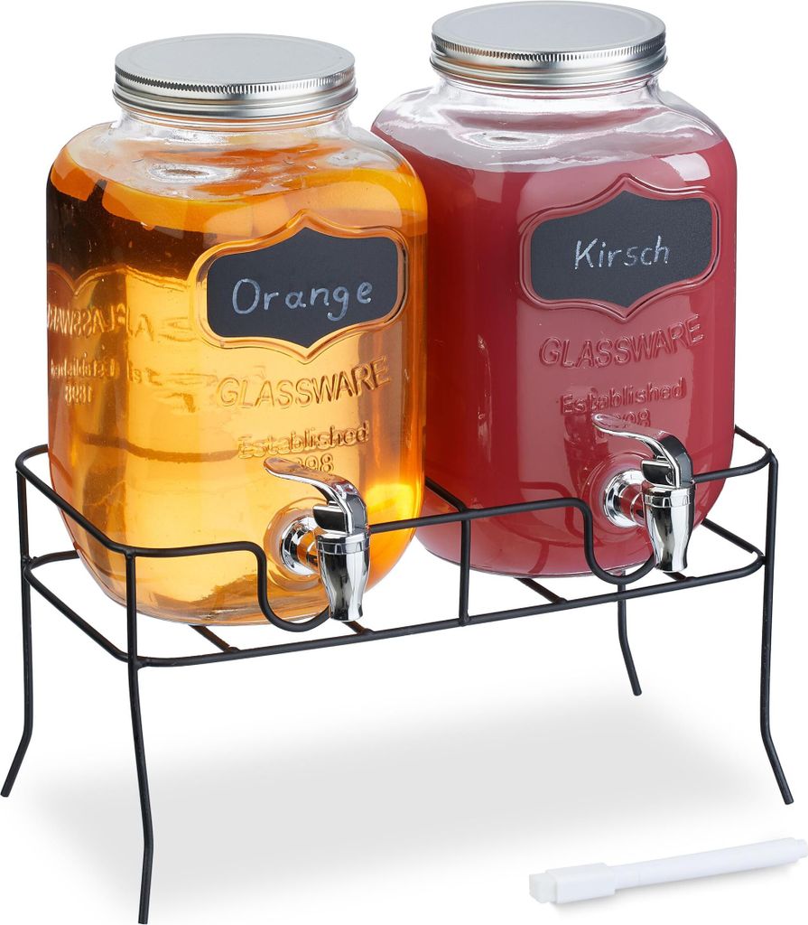 Relaxdays Getränkespender mit Ständer, 2er Set, Limobehälter 4L, Zapfhahn und Deckel, Wasserspender, Glas, transparent