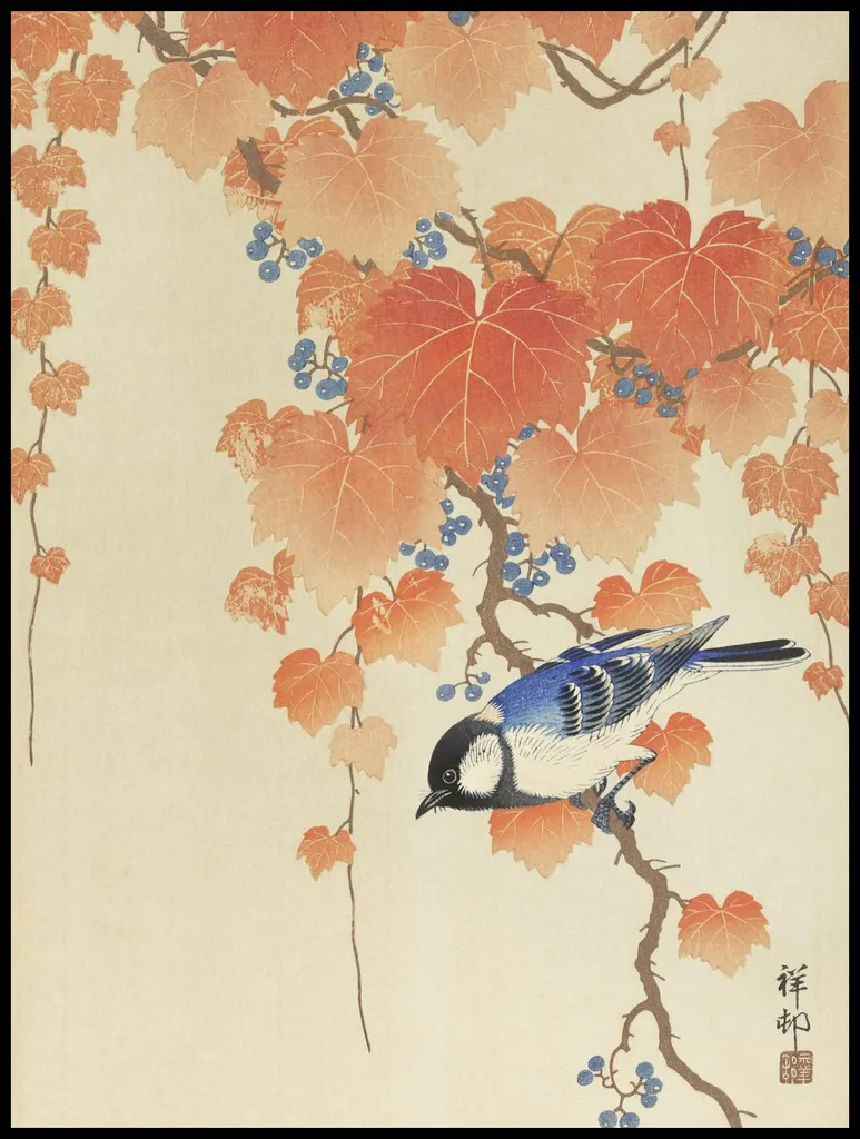 Décoration Murale Salon : Affiche Mésange Japonaise 75x100 cm Vintage