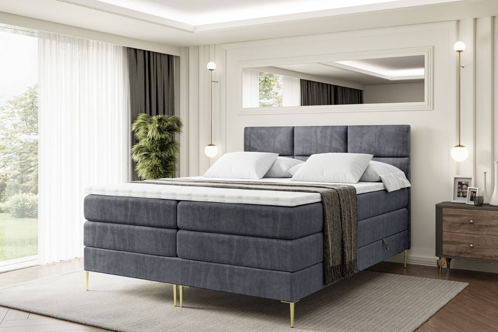 ALTDECOR Boxspringbett mit Gold Füßen, Matratze und Lattenrost, Topper, Polsterbett mit Bettkasten, Bett mit Stauraum H3- und H4- Matratze, Doppe...