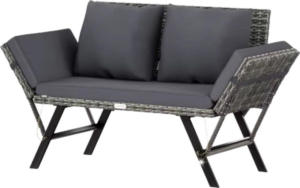 Tuinbank Polyrattan – 3-Sitzer mit verstellbaren Armlehnen – Wetterfest – Mit Kissen – Grau – Für Garten, Terrasse und Balkon