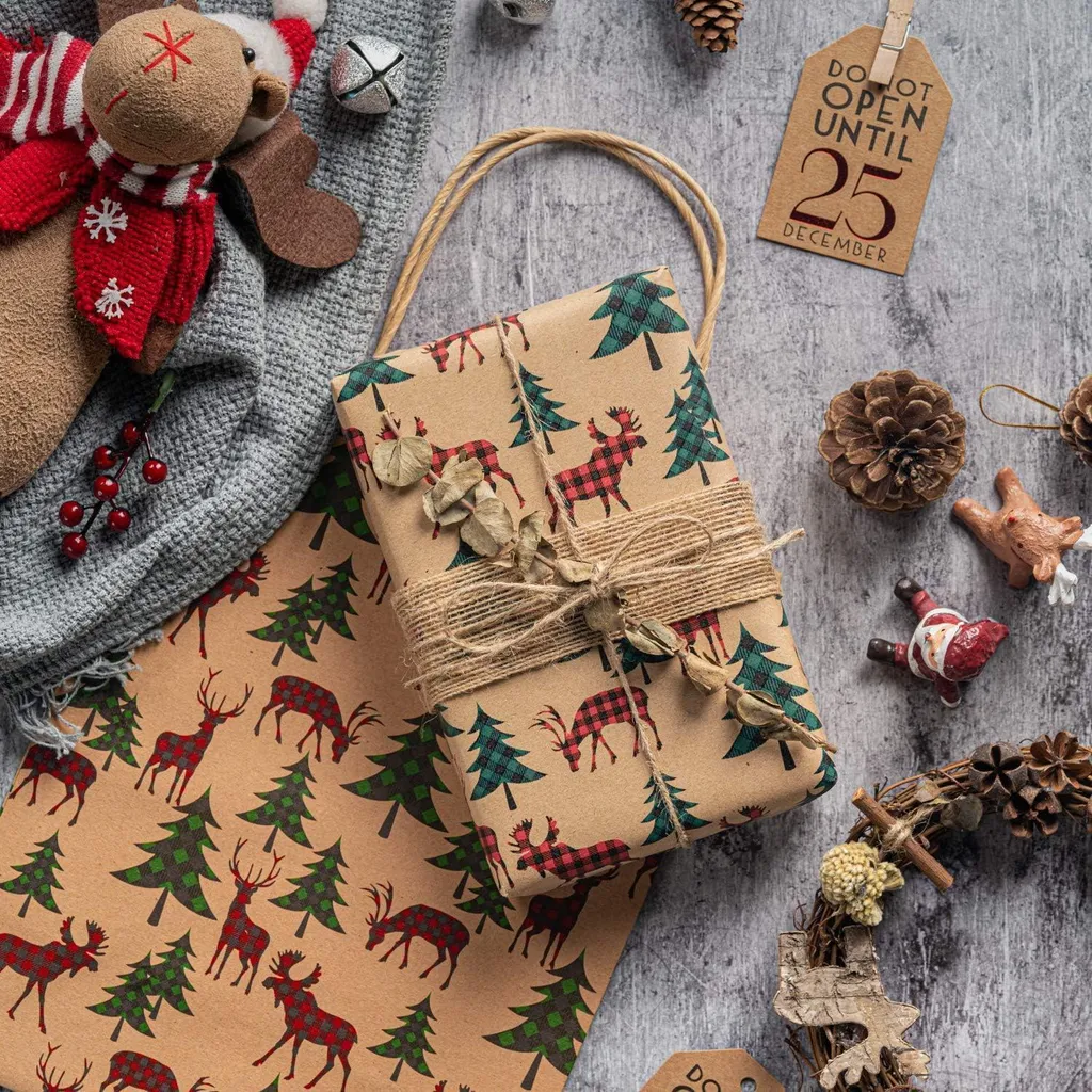Rouleaux de Papier Kraft de Noël Vert Imprimé Pingouin - Pack de 3