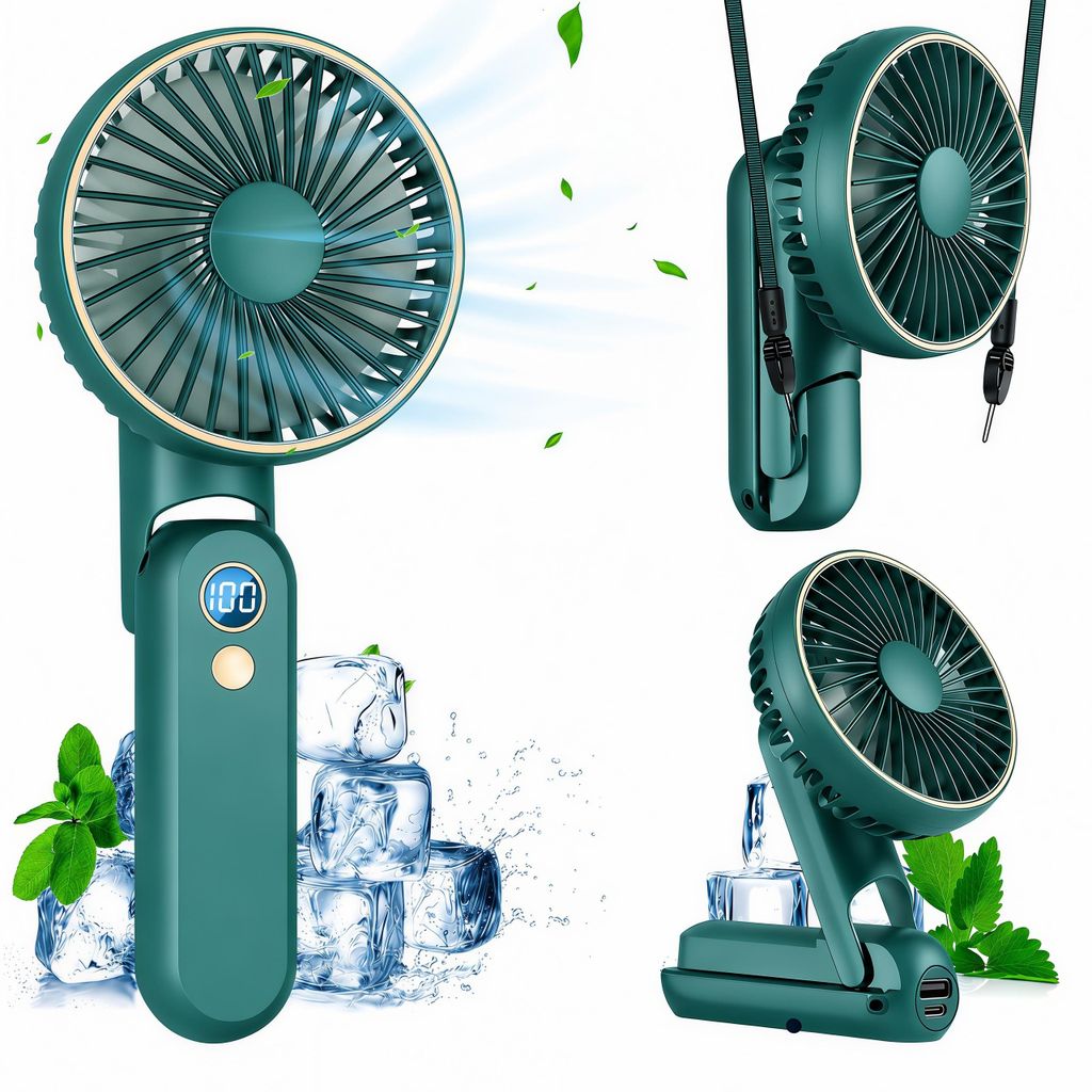 Handventilator,Tragbarer USB Handyhalter Lüfter,Mini Hand Ventilatoren mit 5 Windgeschwindigkeit,4000mAh Akku,180°-Faltbar&LED-Display,Leise,Grün