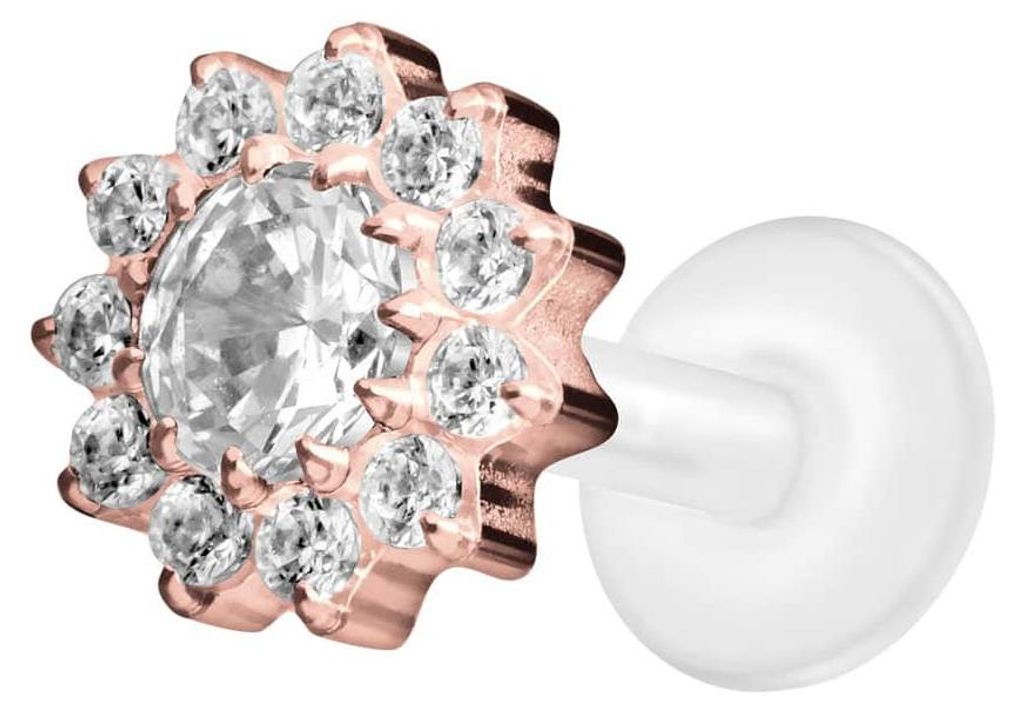 Ohrpiercing, Nasenpiercing PTFE Labret mit Innengewinde + Titan-Aufsatz KRISTALLBLUME RoséGold Stablänge: 7mm | Stabstärke: 1,2mm