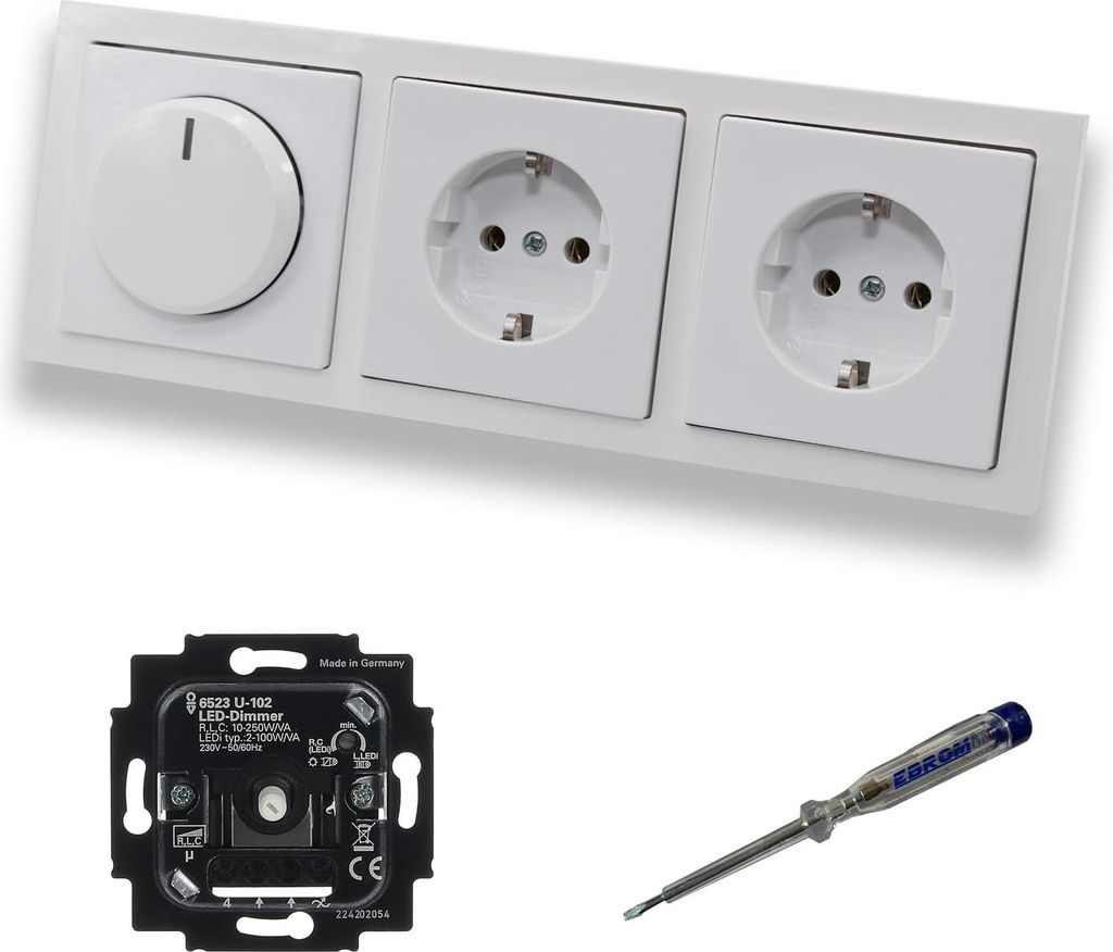 Busch Jäger 6523U-102 LED Drehdimmer Dimmer + Dimmerscheibe 6540-84-102 und 2 x Steckdose 20EUC-84 in Future Linear Studioweiß glänzend inklusiv...