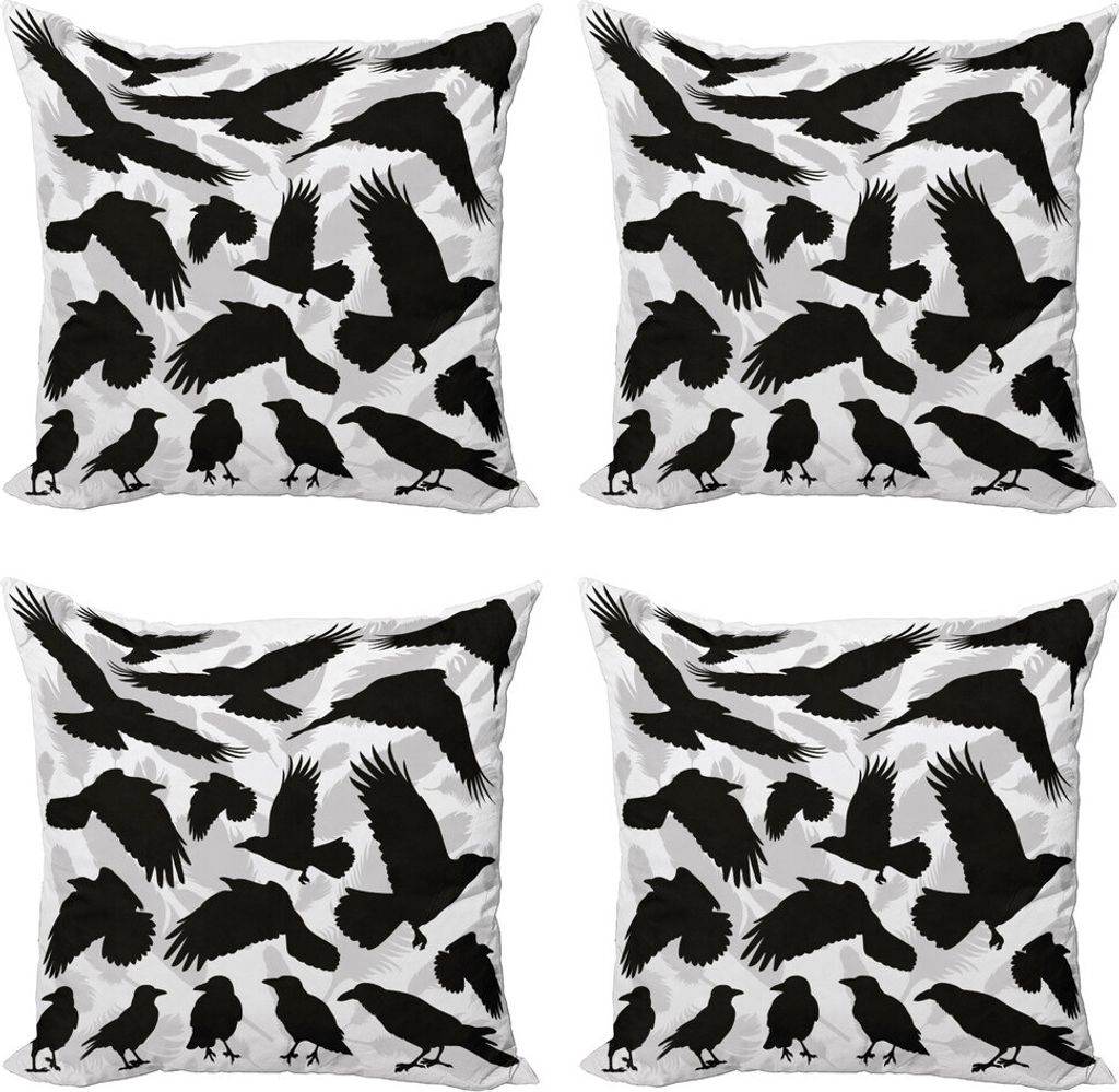 ABAKUHAUS Schwarze Krähe Kissenbezug Set (4 Stück), Vögel und Federn, Moderner Doppelseitiger Digitaldruck, 60 cm x 60 cm, Schwarz Pale Grau