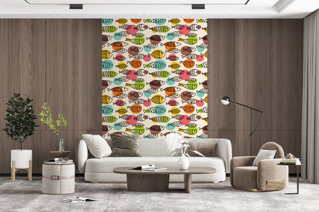 MuchoWow Fototapete für Wohnzimmer oder Schlafzimmer Wandtapete Vinyl Motivtapete Polka dots - Fisch - Regenbogen - 145x220 cm - Wanddekoration