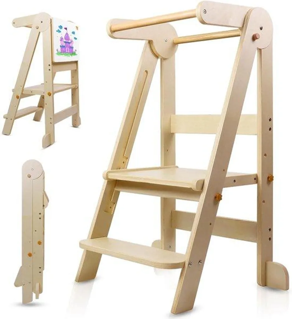 Tour d'apprentissage Montessori pliable en bois avec tableaux magnétiques