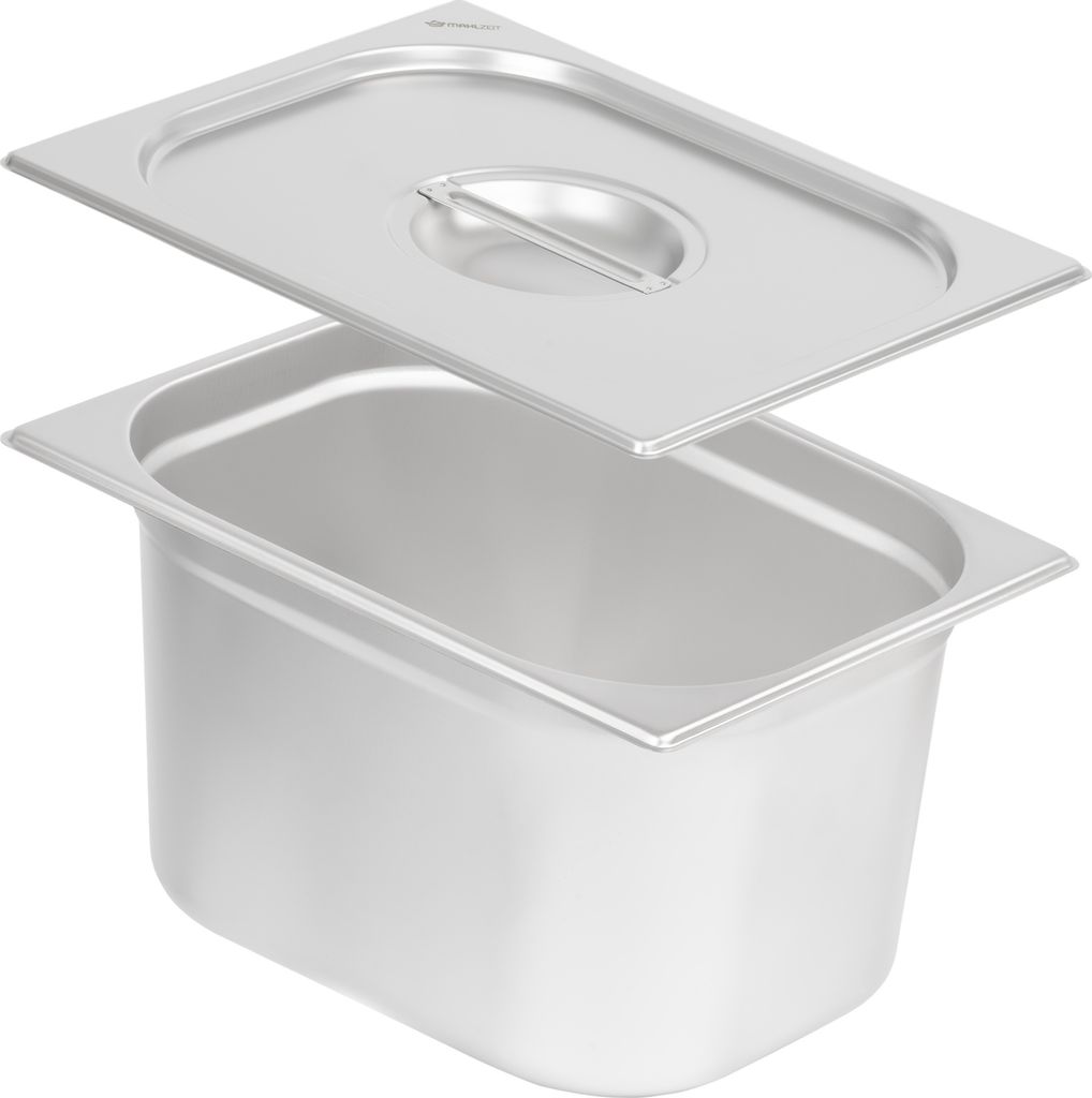 A stainless steel food pan and its lid.
