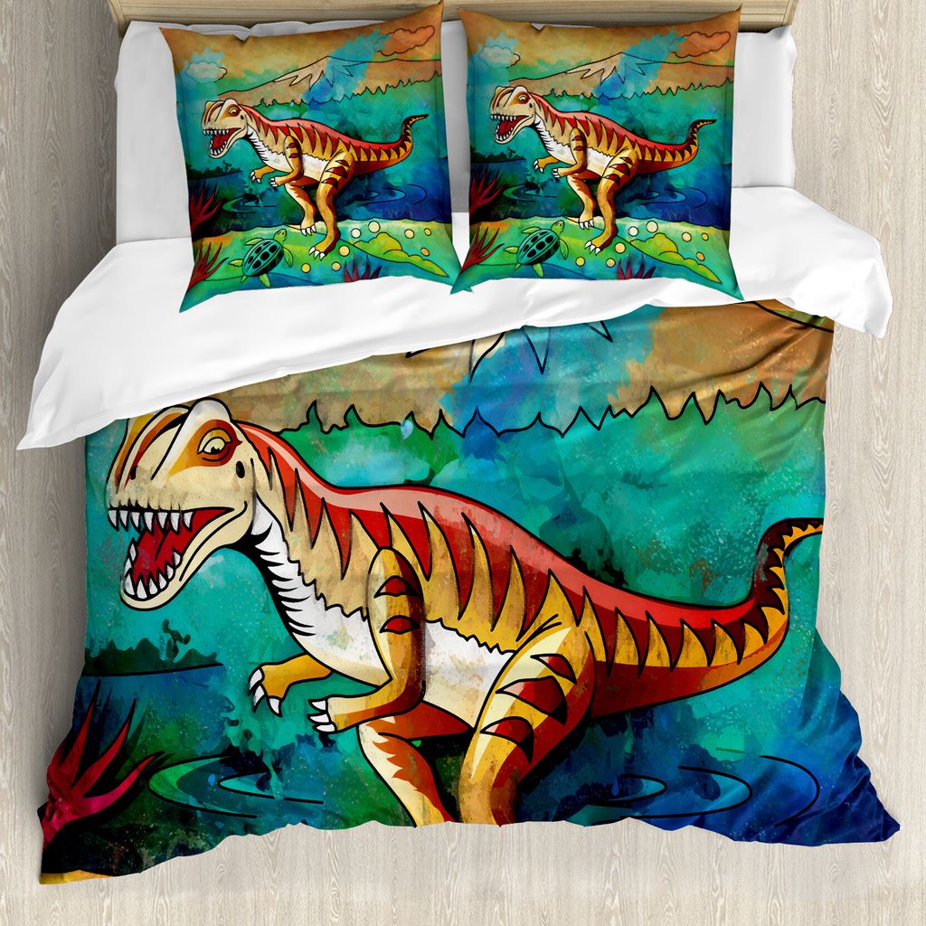 ABAKUHAUS Dinosaurier Bettbezug, Bunte Velociraptor, Milbensicher Allergiker geeignet mit Kissenbezügen, 155 cm x 220 cm - 80 x 80 cm, Mehrfarbig