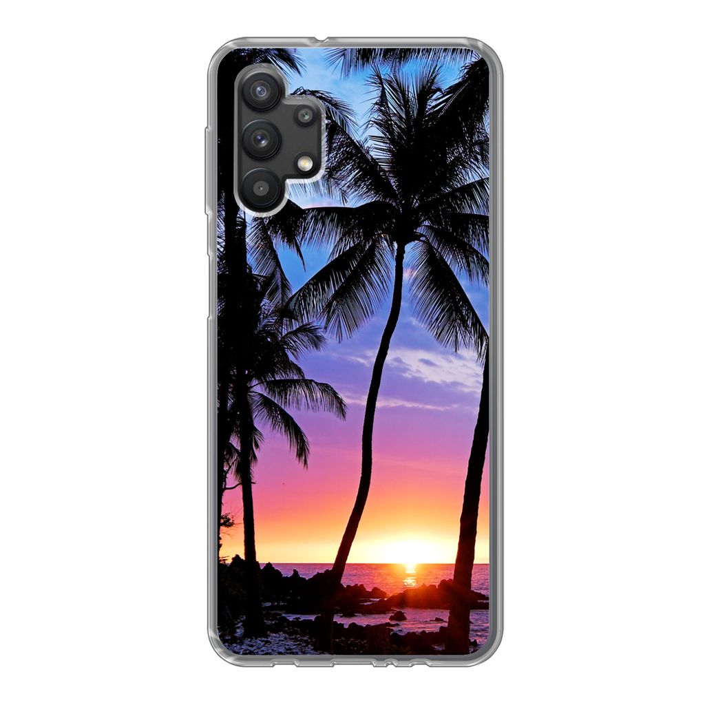 MuchoWow Handyhülle Schutzhülle Hülle für Samsung Galaxy A32 5G Eine Silhouette von Palmen während eines Sonnenuntergangs auf Hawaii Silikon...