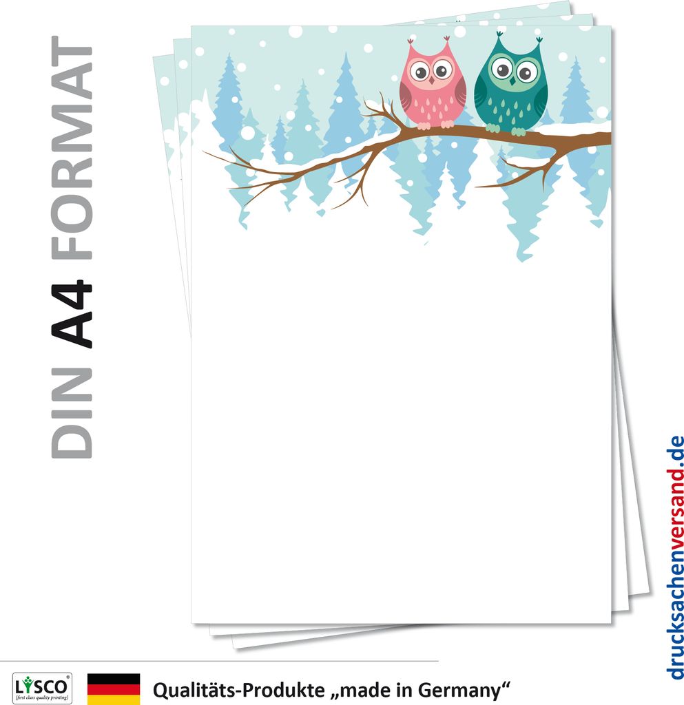 Motiv Briefpapier (Eulen-5138, DIN A4, 100 Blatt) Motivpapier Eulenpapier, grüne rote Eulen im Winter Schnee sitzend auf einem Ast tief verschneit