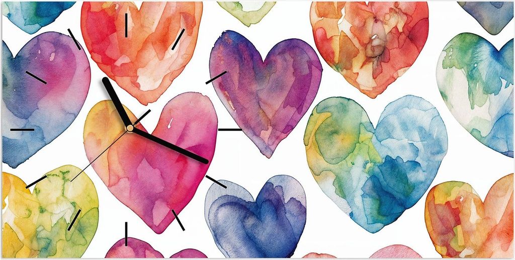 Wanduhr aus Glas mit Motiv Aquarellherzen- 60 x 30 cm - inkl. Aufhängesystem