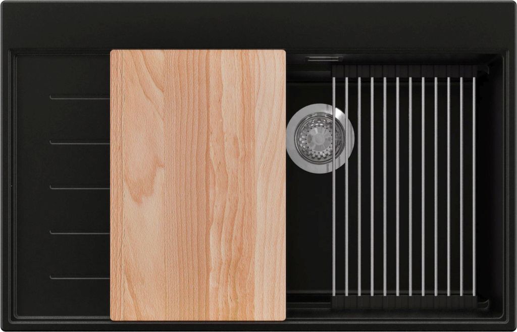 PRIMAGRAN Spülbecken Schwarz 78x50cm, Granitspüle 1 Becken + Ablauf-Set + Küchenzubehörset, Küchenspüle ab 60er Unterschrank - Sydney