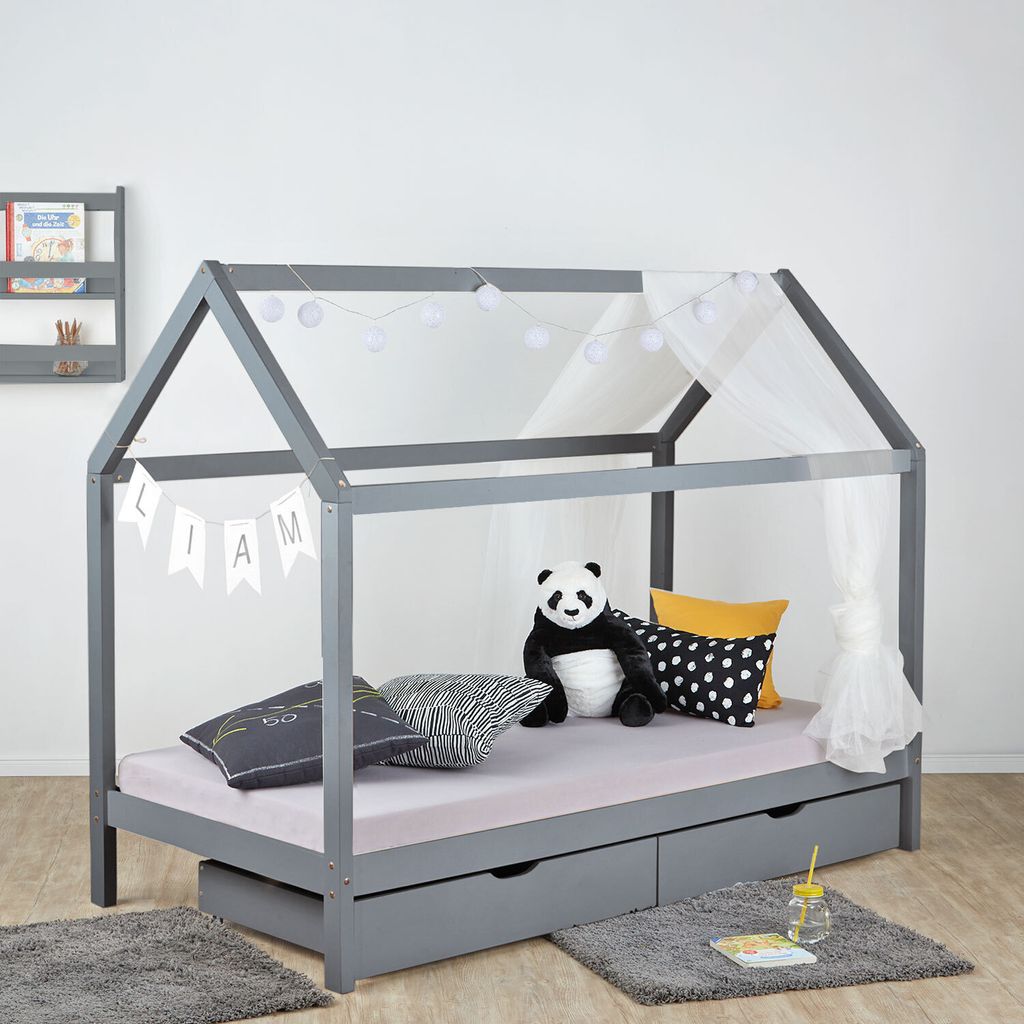 Homestyle4u Kinderbett 90x200 Hausbett Grau mit Bettkasten Produktbild 