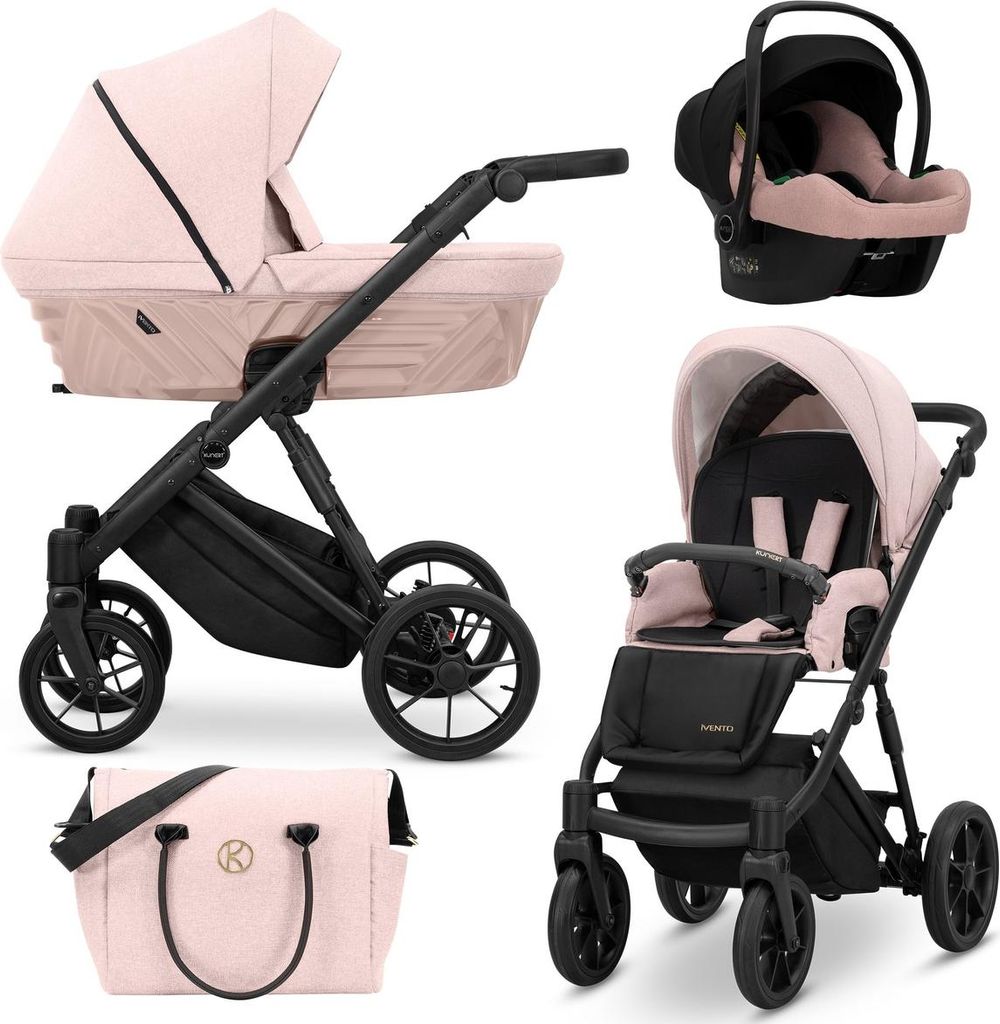 Kunert Ivento 3in1 Kinderwagen in Rosa mit schwarzem Rahmen und Zubehör