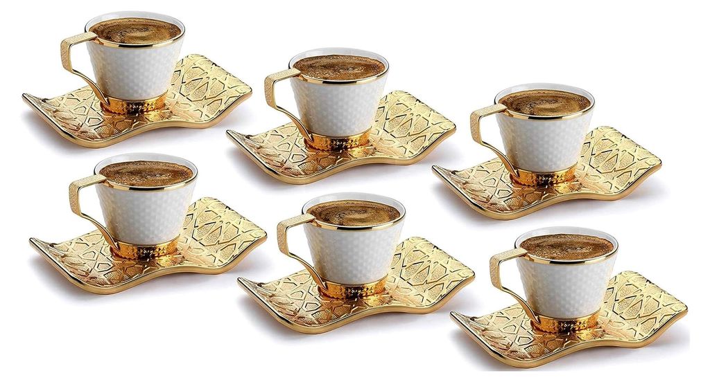 Set aus 6 Espressotassen für türkischen und griechischen Kaffee mit Haltern und Untertassen, Porzellan, verziert mit goldfarbenen Metalluntertass...