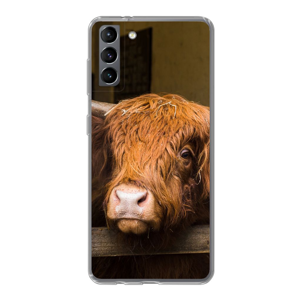 MuchoWow Handyhülle Schutzhülle Hülle für Samsung Galaxy S21 Plus Schottischer Highlander - Bauernhaus - Scheune Silikon Softcase Handy Hüll...