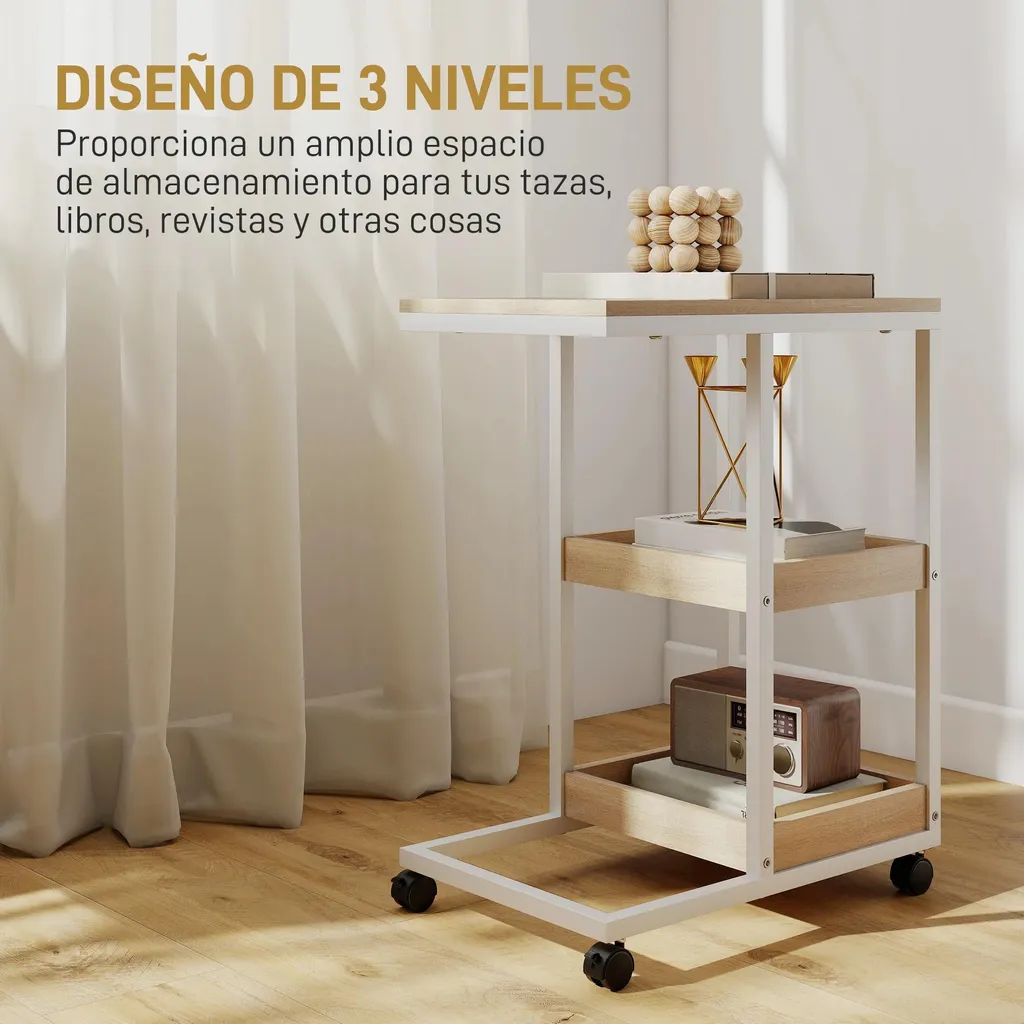 Table basse forme C à roulettes avec double rangement métal et naturel