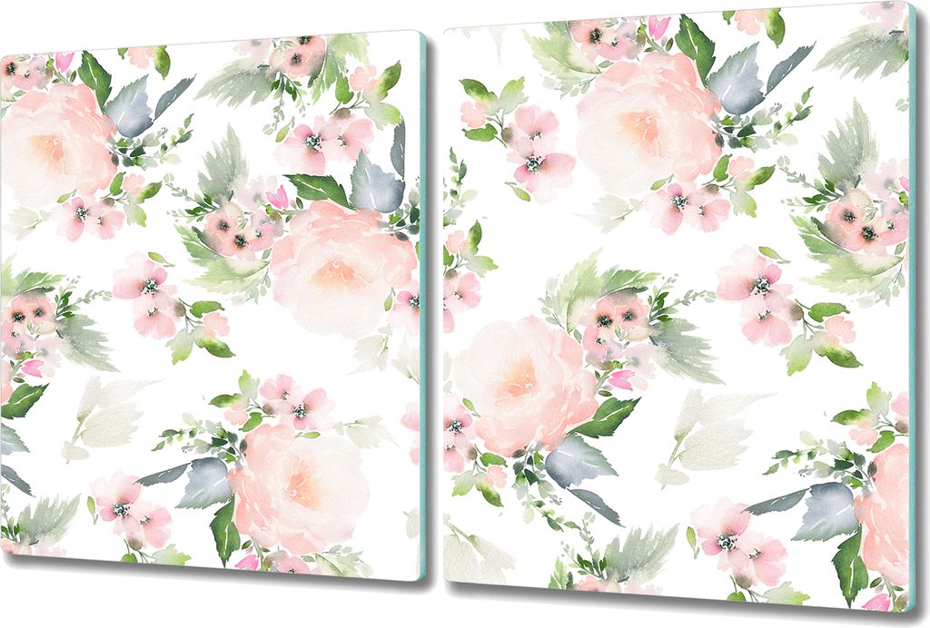 Glas-Herdabdeckplatte Glaskeramikkochfeld-Abdeckung Spritzschutz - 2x 40x52 cm - Blumen Helle Botanik