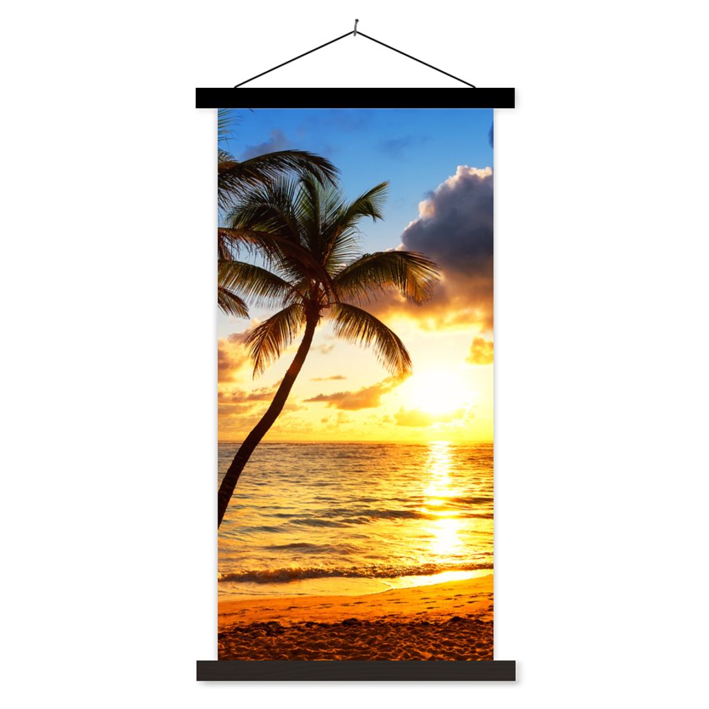 MuchoWow Textilposter Strand - Horizont - Sonnenuntergang - Palme - Meer 40x80 cm mit schwarzem Rahmen - Wandemalerei