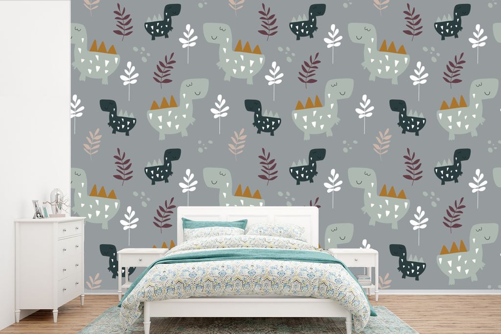 MuchoWow Fototapete für Wohnzimmer oder Schlafzimmer Wandtapete Vinyl Motivtapete Muster - Jungen - Kinder - Dinosaurier - 390x260 cm - Papierta...