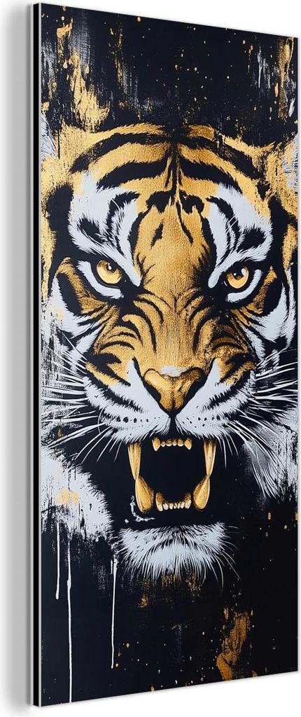 MuchoWow Wanddekoration Metall Metallbild Wandkunst 40x80 cm Tiger - Farbspritzer - Gold MuchoWow Aluminium Gemälde - Wanddekoration - Industrial