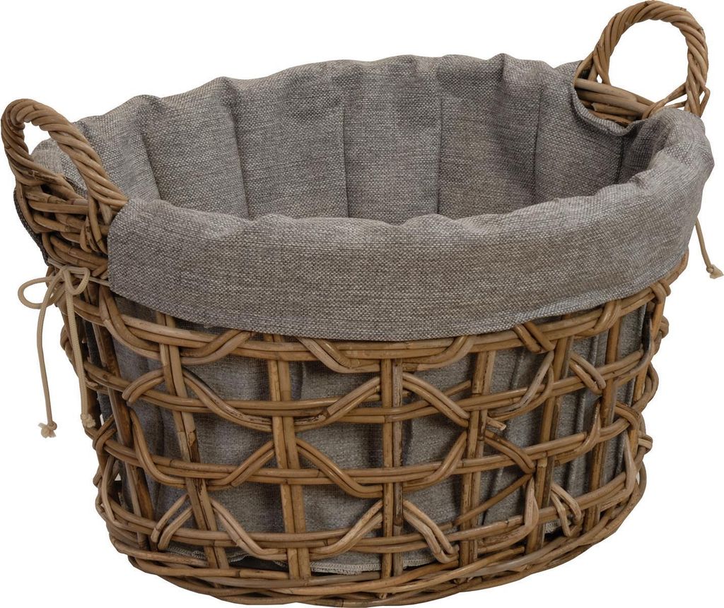 KRINES HOME Praktischer Flechtkorb/Wäschekorb mit schönem Flechtmuster, Aufbewahrungskorb aus echtem Rattan, Tragekorb mit Inlett (Oval)