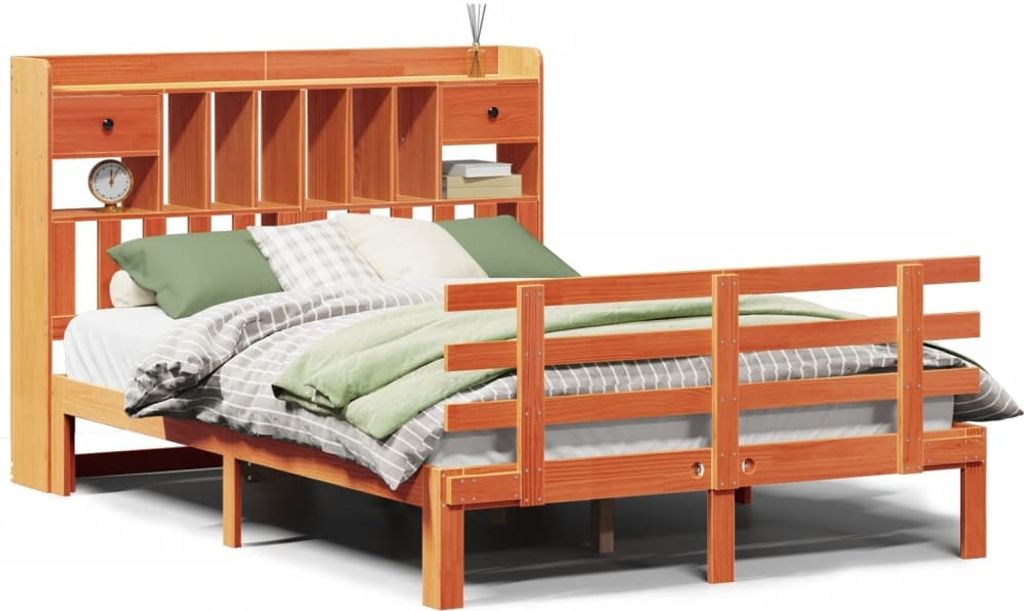 vidaXL Massivholzbett mit Regal ohne Matratze Wachsbraun 140x190 cm