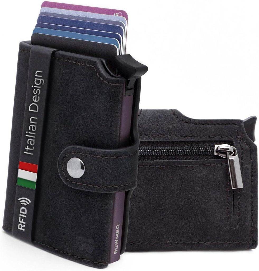 Slim Wallet mit Münzfach RFID Schutz Kartenetui Damen Herren Geldbörse kompakt für 9 Karten Scheine Münzen aus veganem Leder leicht sicher