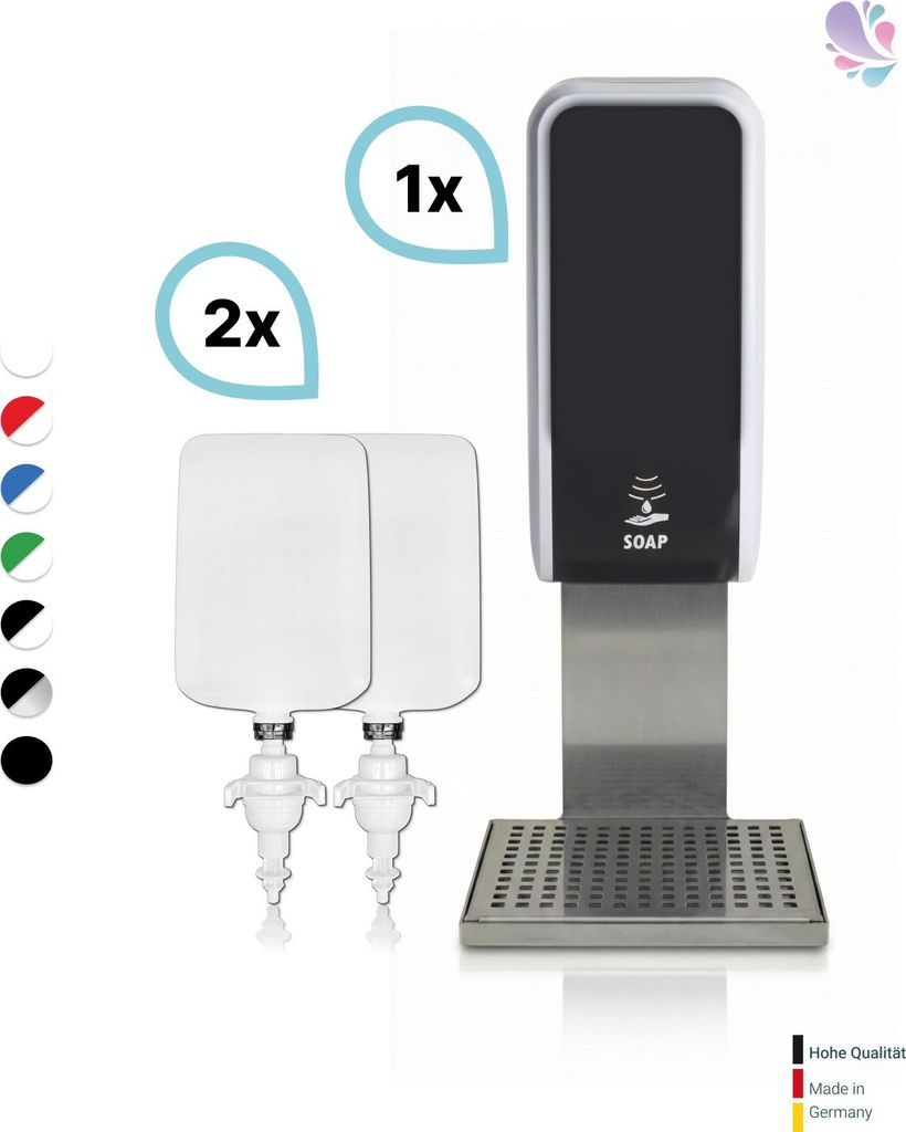 SET: Schaumseifenspender SENSOR Cosmos (berührungslos) +2x1L Schaumseife mild+ Edelstahlhalterung mit Auffangschale Wandmontage : Farbe - Silber /...