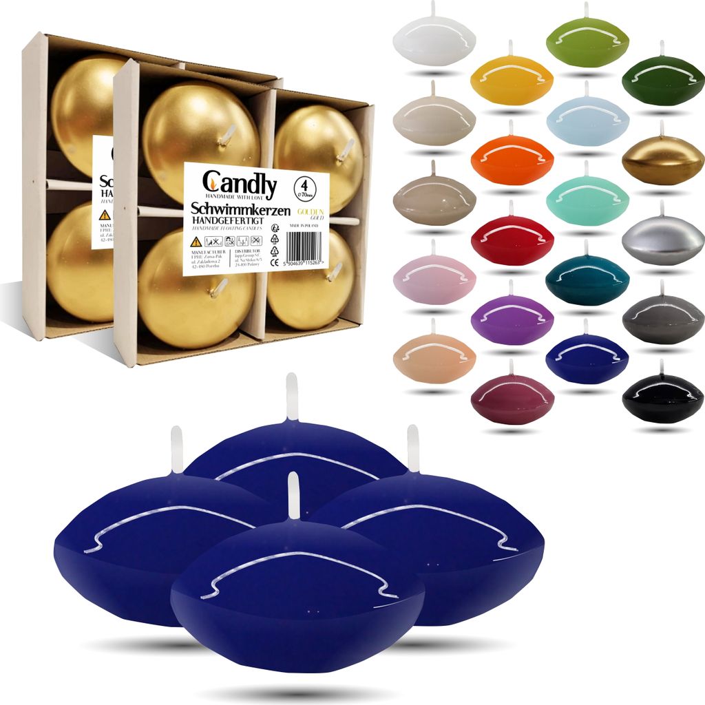 CANDLY HANDMADE 4x Groß Schwimmkerzen Premium Ø 70mm | Valentinstag, Ostern, Weihnachten, Dekoration, Candles, Kerzen für Damen (Blau)