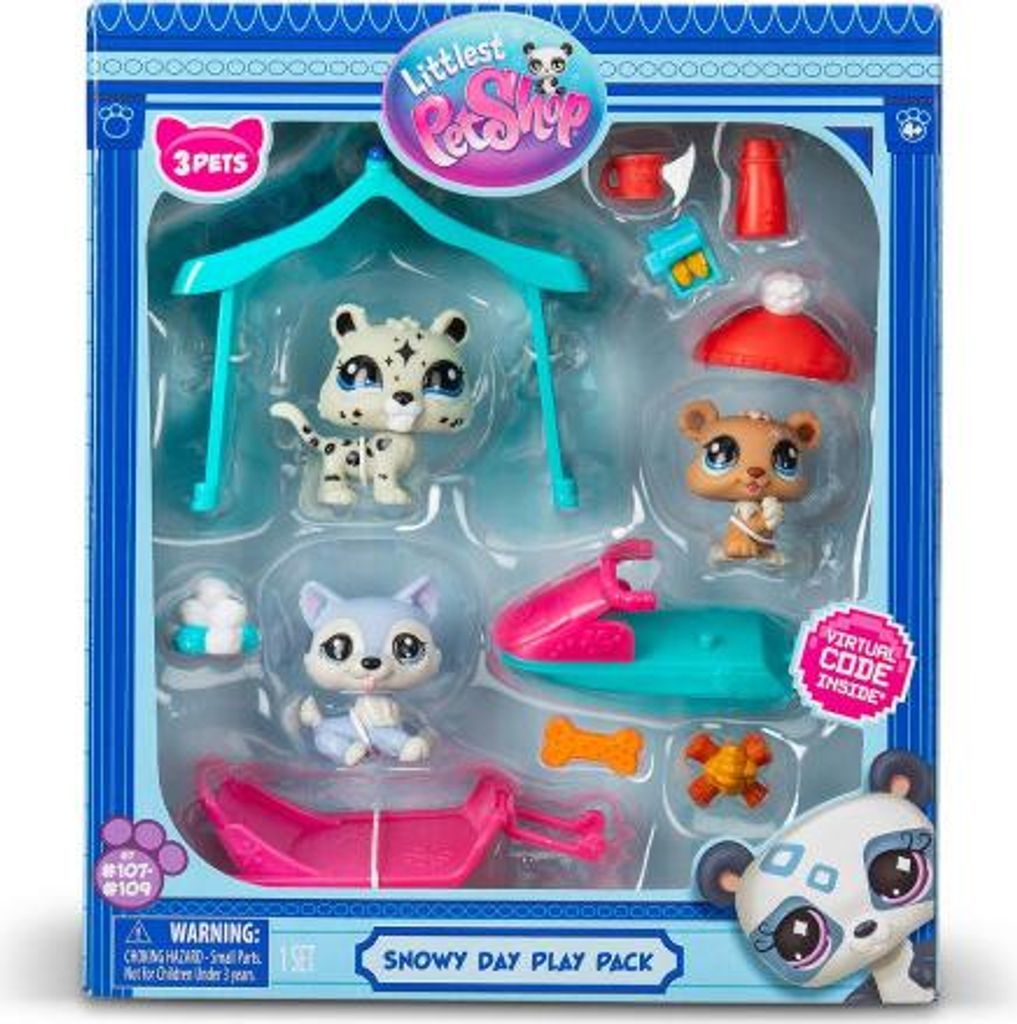 A product package for a Littlest Pet Shop "Snowy Day Play Pack" toy set.