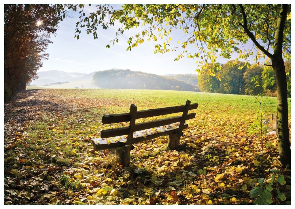 Wallario Premium Glasbild, freischwebende Optik, kräftige Farben, Größe 100 x 70 cm Motiv Idyllische Holzbank in den Bergen