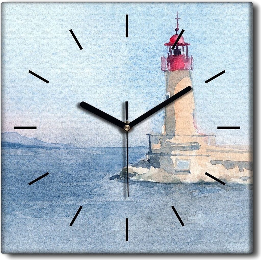 Coloray Uhr auf Leinwand 30x30 cm Wand Uhr Dekoration Wohnzimmer Segeltuch schwarze Hände -Meeresleuchtturm