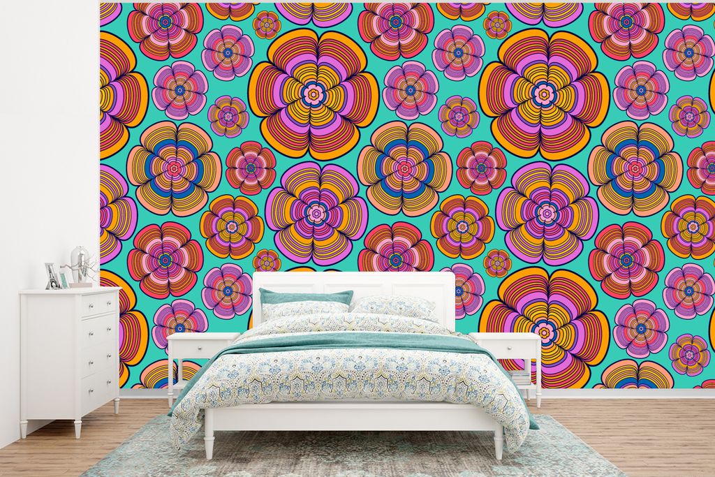 MuchoWow Fototapete für Wohnzimmer oder Schlafzimmer Wandtapete Vinyl Motivtapete Design - Flower Power - Farben - 320x240 cm - Tapeten