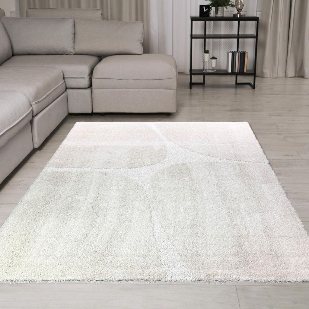 Moderner Hochflor-Teppich stilvoll, weich & zeitlos mit organischem Muster in Creme Größe - 200 cm Rund
