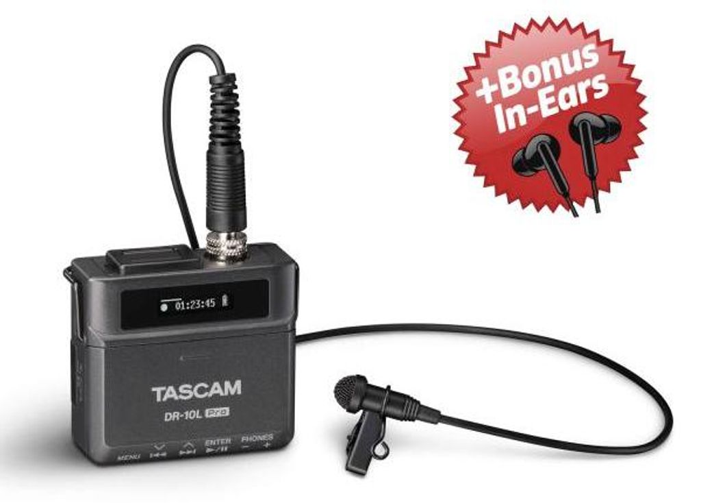 Tascam DR-10L Pro Recorder mit Lavaliermikrofon + Bonus In-Ear Kopfhörer