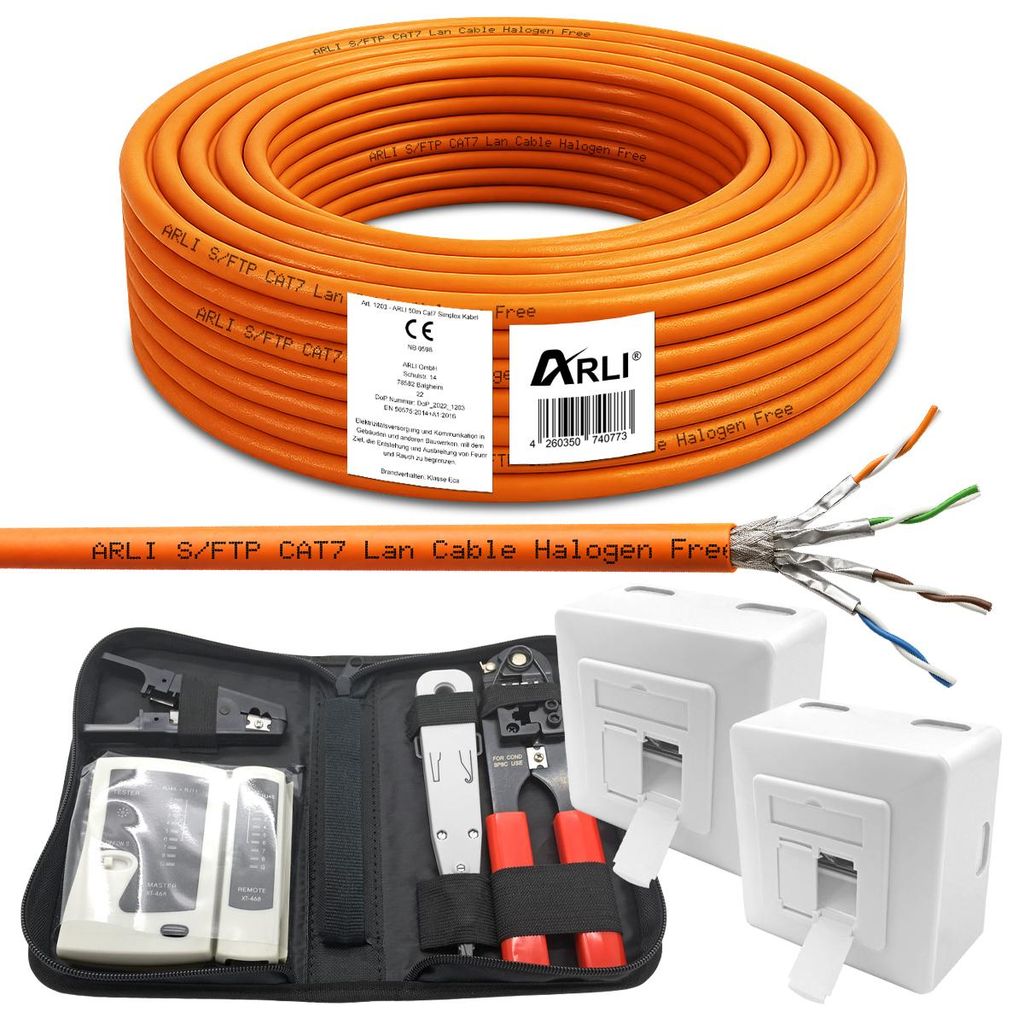 ARLI 25 m Cat7 Verlegekabel S/FTP LSZH + 2x Cat6a Netzwerkdose + Werkzeug Set mit Crimpzange LSA Tester