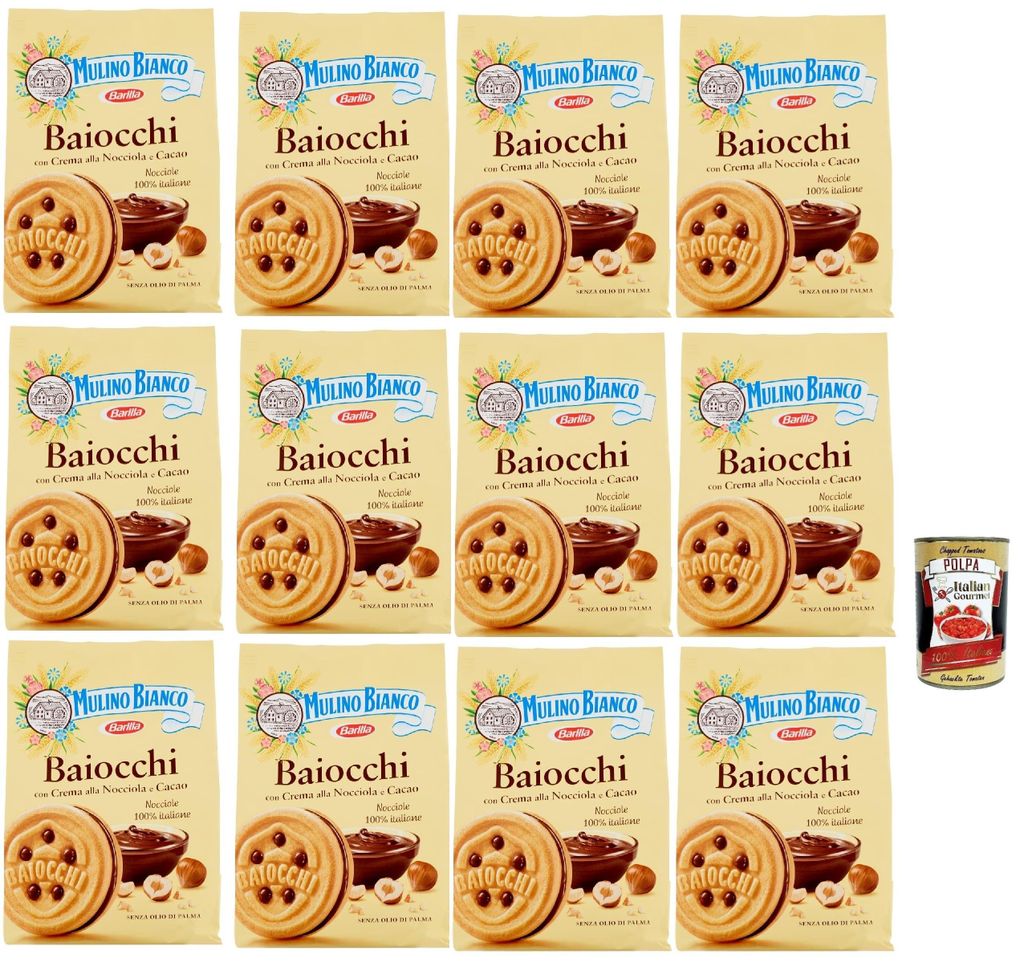 Mulino Bianco Baiocchi Kekse mit Haselnusscreme und Kakao zum Frühstück und süßer Snack für den Nachmittag 12x 260g + Italian gourmet polpa 400g