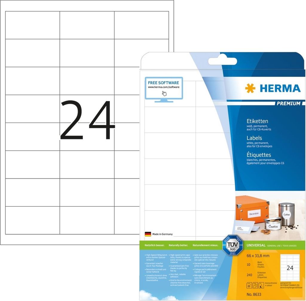 HERMA - Etikett 8633 66x33,8mm premium weiß 240 Stück