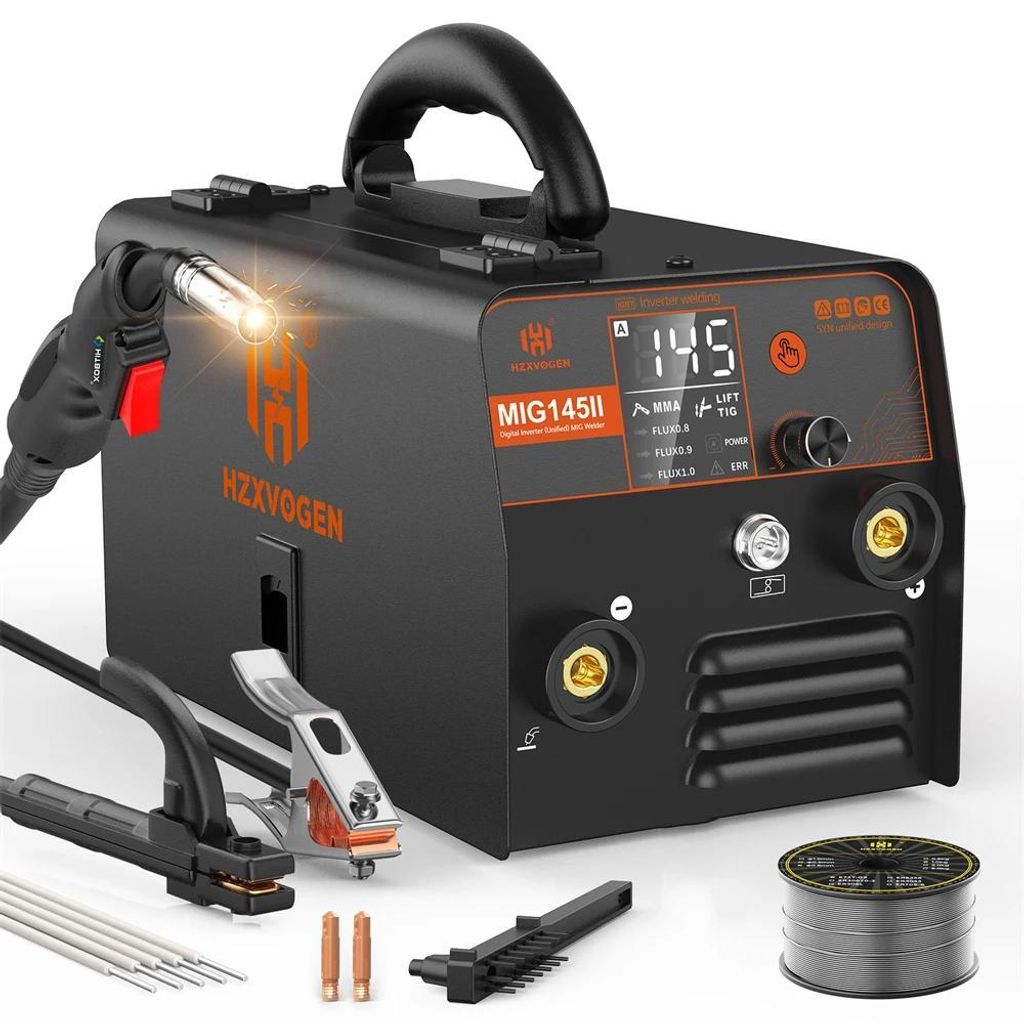 Gasloses MIG Schweißgerät - Modell MIG145 - 3-in-1 MIG/ARC/Lift TIG - Fülldraht ohne Gas - IGBT Inverter - 220V EU Stecker - Tragbar mit LED Dis...