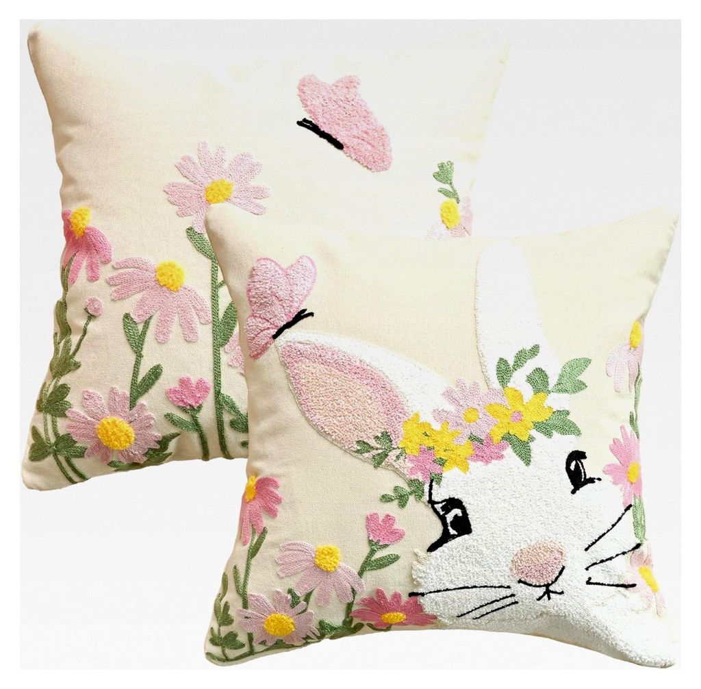 Kissenbezüge mit Daisy Blumen, Kaninchen und Schmetterling, 2er Set, 45x45 cm, Frühling, Zierkissenbezug für Couch und Wohnzimmer