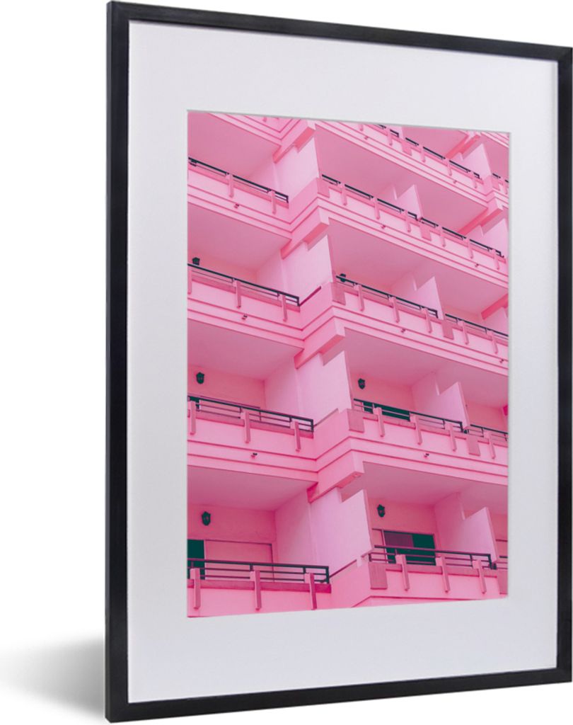 MuchoWow Gerahmtes Poster Balkon - Sommer - Rosa - Architektur 30x40 cm - Poster mit Schwarzem Bilderrahmen Wandposter Rahmen Foto Bilder - Wandp...