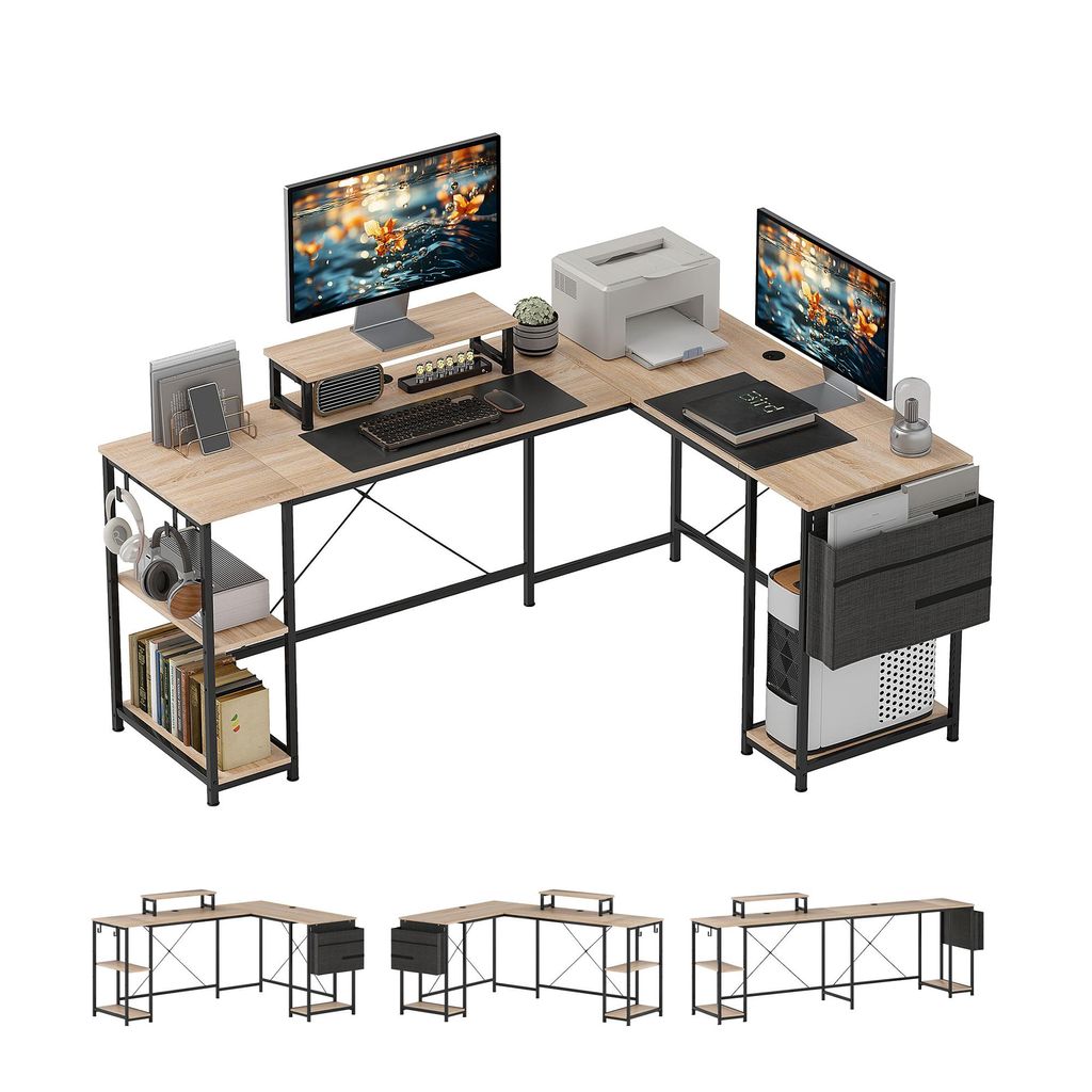 Bürotisch, Computertisch, Gaming-Tisch, Schreibtisch, L-förmiger Computertisch, multifunktional, mit verstellbaren Ablagen und Aufbewahrungstaschen