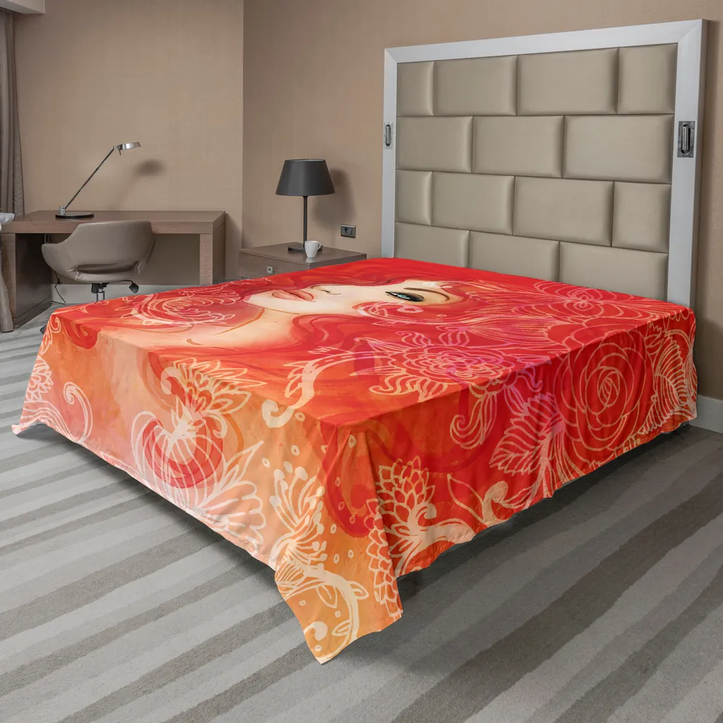 Drap de lit doux imprimé visage femme floral 260x228 cm orange crème