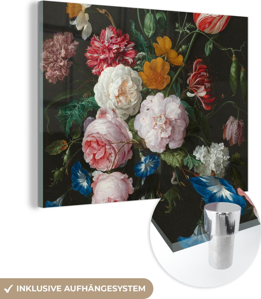MuchoWow Glasbilder - Bilder auf Wandbild - Foto auf Glas Stilleben mit Blumen in einer Glasvase - Gemälde von Jan Davidsz. de Heem 40x30 cm Wandd...