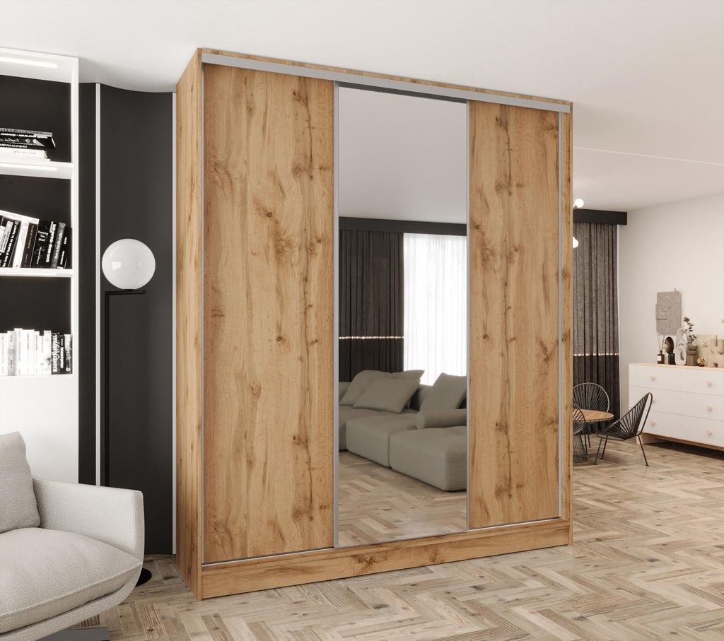 Schwebetürenschrank 3-türig 180x250x58 cm Eiche Wotan mit 1 Spiegel und 2 Schubladen – Moderner Kleiderschrank für Schlafzimmer und Flur